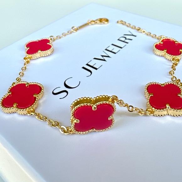 Clover Bracelet Double Sided Pomegranate Blossom Onyx Stone & Gold Jewelry - Picture 5 of 10